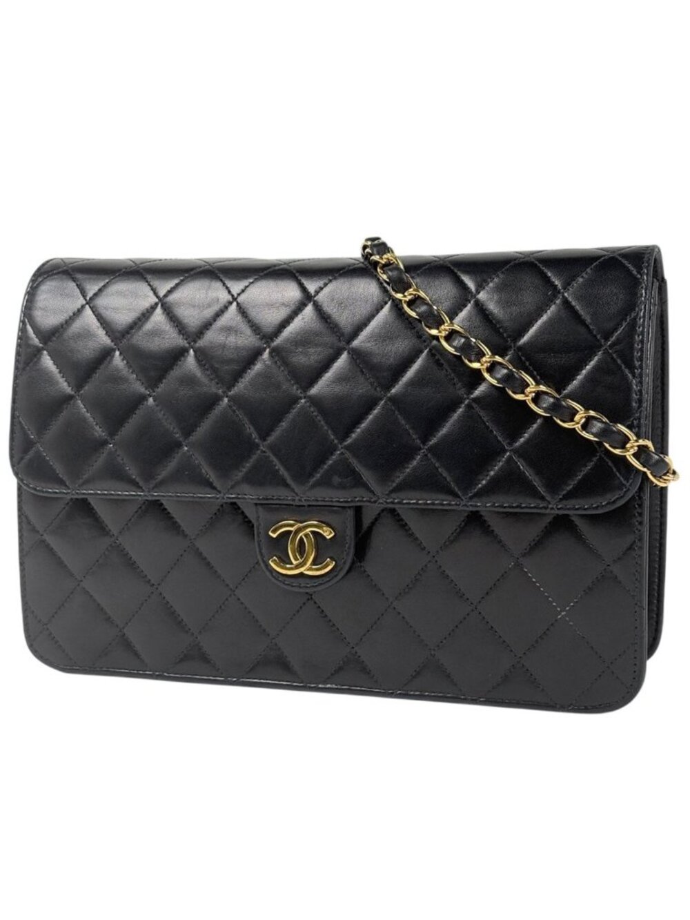 Chanel Quilted Single Flap Chain Shoulder Bag CC Logo Push Lock Leather Black